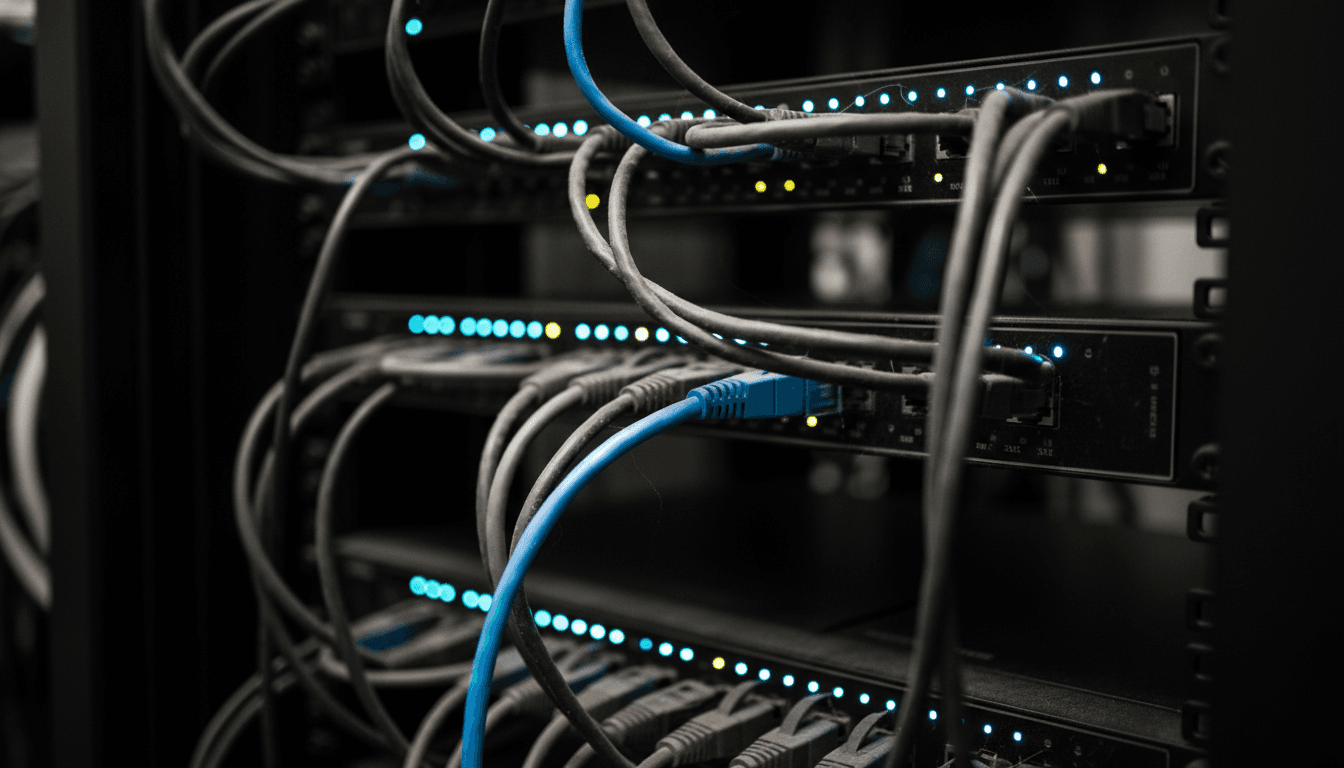 Close-up of network cables and blinking LEDs in a data center rack