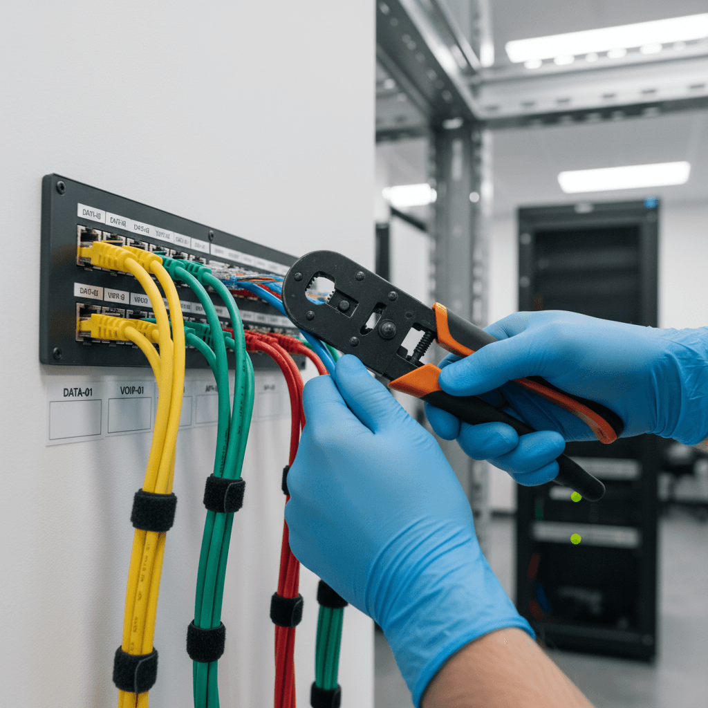Color-coded Ethernet cables and network patch panel detail