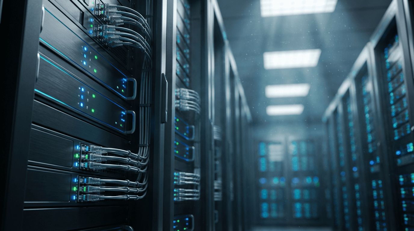 Server rack with blinking status lights in a dim data center