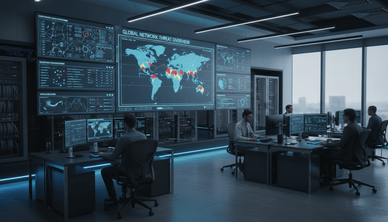 Modern cybersecurity operations center with large monitors displaying data flow diagrams